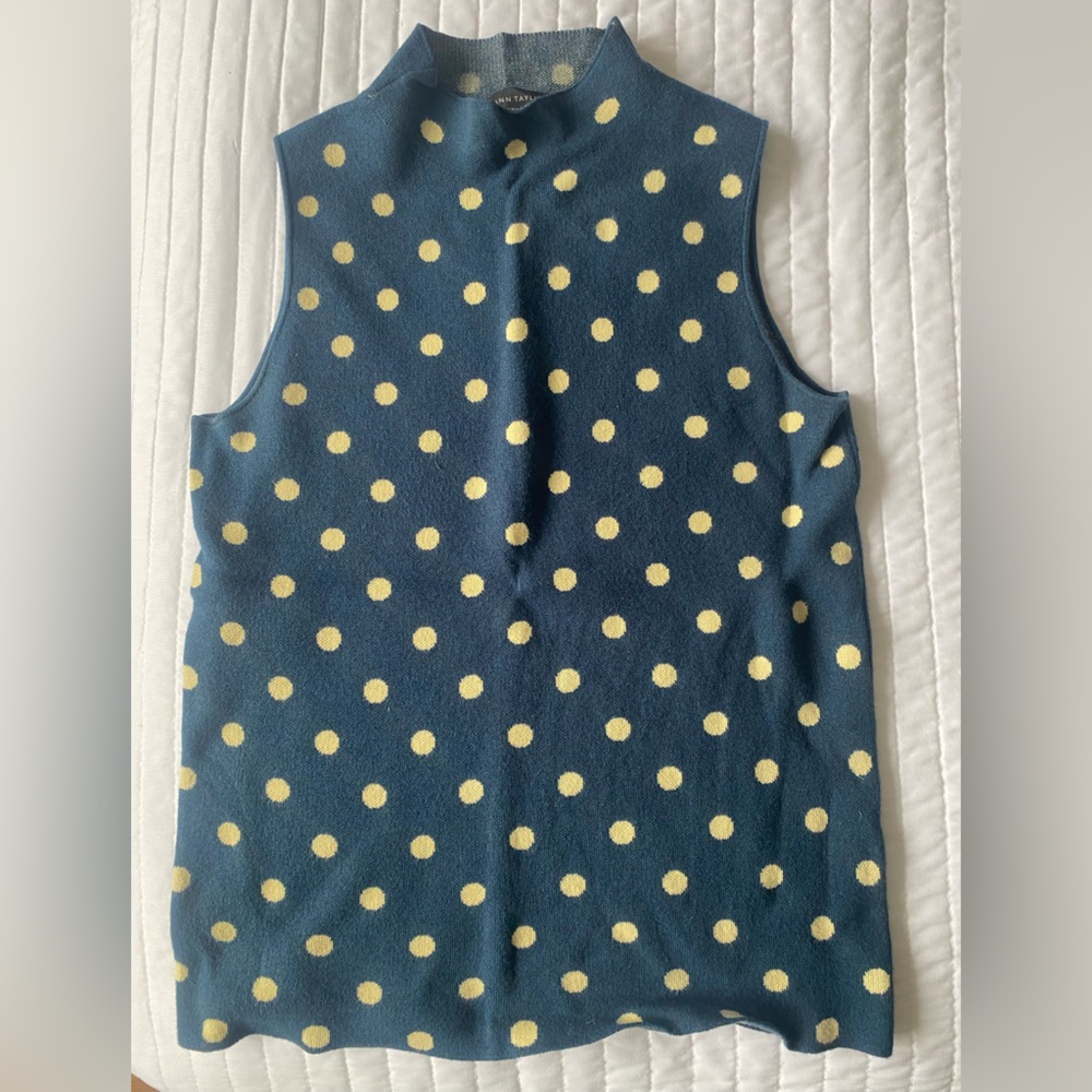 Ann Taylor Blue Top with Cream Polka Dots